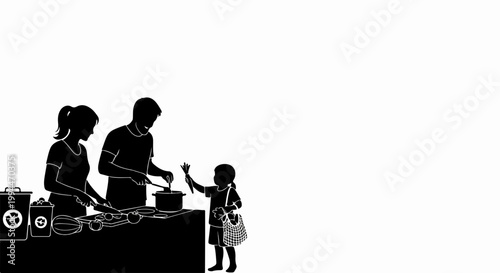 Family cooking together vector illustration, parents and child preparing food in kitchen, domestic scene, lifestyle concept.