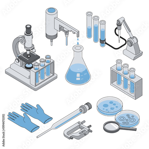 Laboratory equipment including a microscope and test tubes on a table in a science lab.