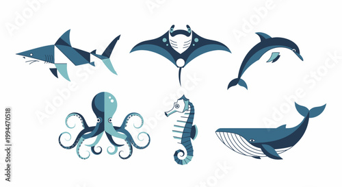 Geometric marine life collection shark ray dolphin octopus seahorse whale