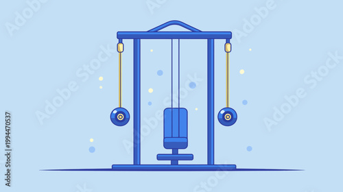 Animated illustration of a weight training machine, featuring blue hues and a minimalist style