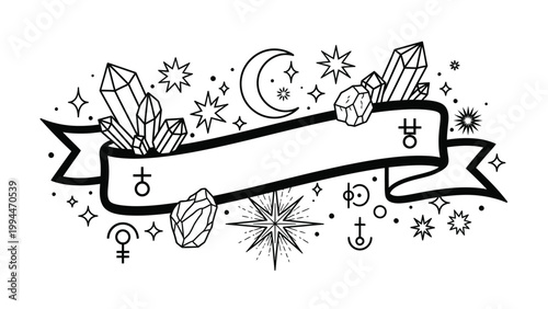 A whimsical banner adorned with celestial elements like a crescent moon, stars, and crystals, with astrological symbols.