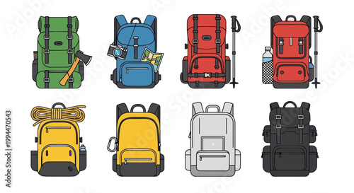 Collection of Backpacks for Hiking and Travel - Outdoor Gear Illustrations