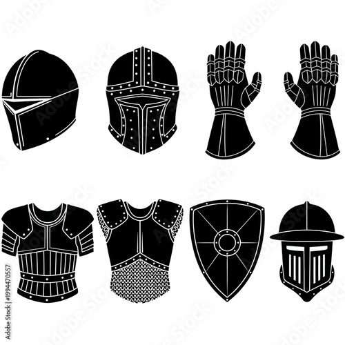Medieval knight armor set including helmet, gauntlets, chest plate, and shield on white