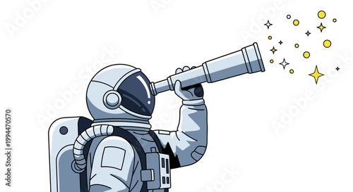 Astronaut observing stars with telescope illustration against white background