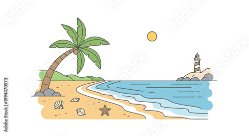 Beachfront scene illustration featuring a lighthouse palm tree and ocean waves