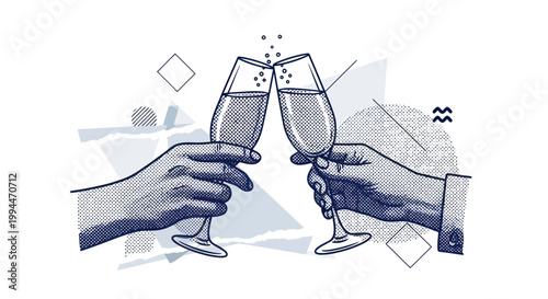 Hands clinking champagne glasses, celebration, abstract geometric background, illustration