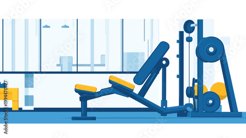 Modern gym interior with exercise equipment in blue and yellow hues. Illustration of fitness space