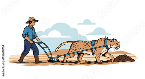 Man plowing field with big cat an agricultural illustration concept