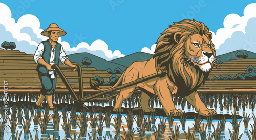 Man plowing field with lion illustration agriculture concept vector