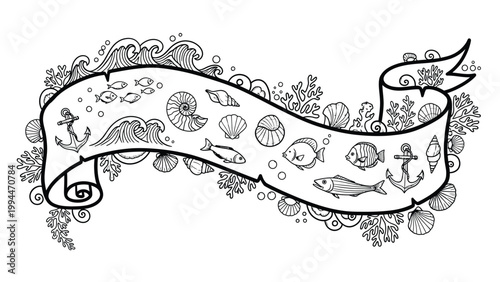 A black and white banner illustration featuring a nautical theme with anchors, seashells, fish, and waves.