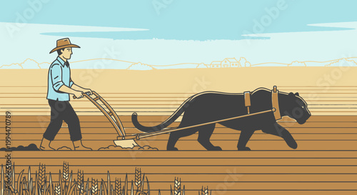 Man plowing field with panther concept illustration against a rural background