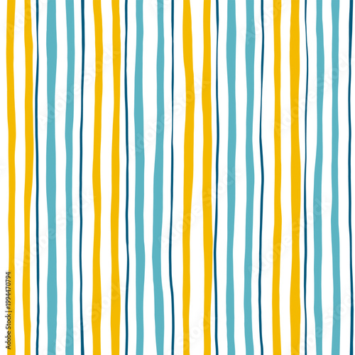 Stripes seamless pattern. Blue and yellow lines print. Watercolor sea stripes hand drown background