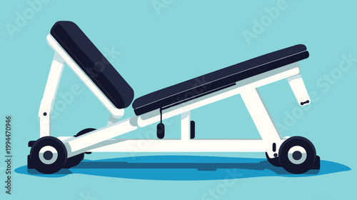 A vector illustration depicts an adjustable weight bench against a light blue backdrop, offering angles