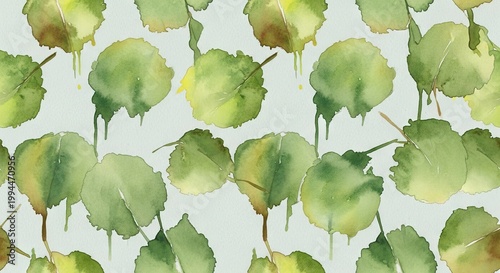 Repeating natural pattern featuring lush green organic leaf shapes created with artistic paint washes to provide a serene and botanical texture for creative textiles or seasonal home decor