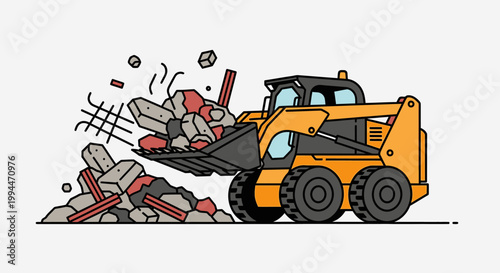 Skid steer loader excavating debris construction demolition industrial vector