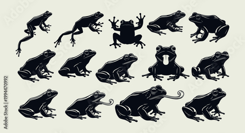 Collection of black frog silhouettes sitting.
