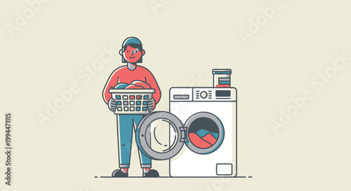 Woman doing laundry with washing machine and basket in a flat illustration