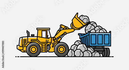 Yellow loader excavating rocks into dump truck against white background