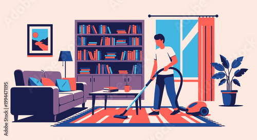 Man vacuuming living room cleaning house illustration