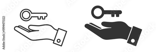 Key icon featuring hand holding key, line art style, security access symbol, ownership trust concept, black and white vector