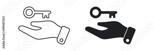 Key icon with hand holding symbol, black and white line art, security access concept, ownership trust design, minimal vector