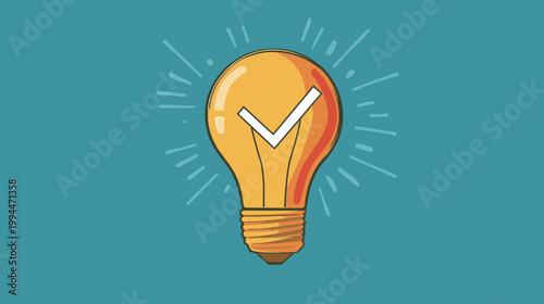 A stylized illustration of a light bulb with a check mark inside, on a turquoise background