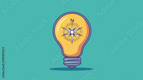 A brightly colored graphic showing an electric light bulb with a compass rose
