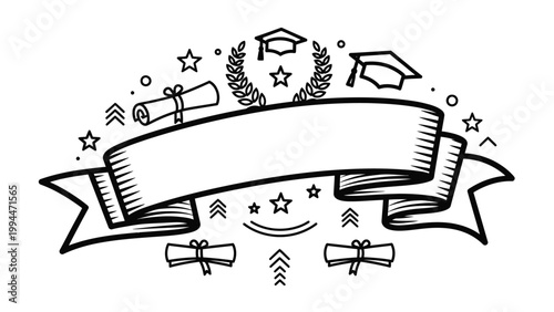 A black and white illustration of graduation symbols, including caps, diplomas, and laurels, arranged around a central banner for text.