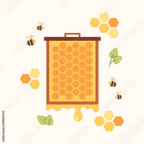 Poster with honeycomb frame and bees. Beekeeping concept. Flat vector illustration