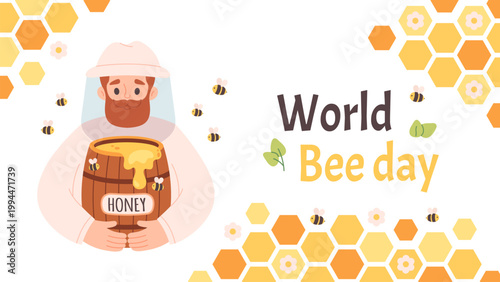 World bee day greeting card. Perfect for banners, posters, organic products branding and educational materials. Flat vector illustration