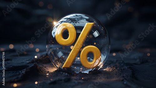Vibrant Golden Percentage Symbol Inside Transparent Glass Sphere Photo
