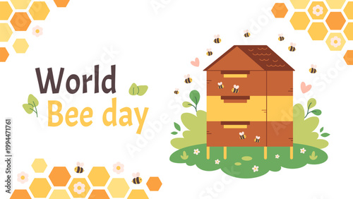 World bee day greeting card. Perfect for banners, posters, organic products branding and educational materials. Flat vector illustration