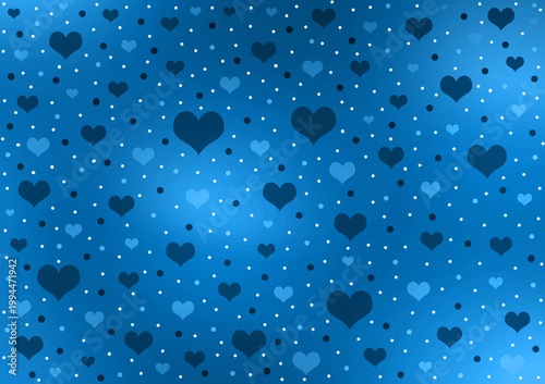 Valentine's Day blue gradient background with random hearts, circle shapes, and sizes on wallpaper