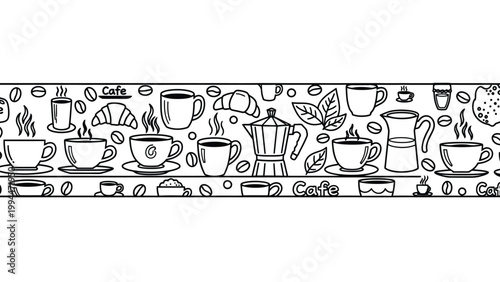 A detailed black and white illustration of various coffee-related items, including cups, mugs, croissants, and coffee makers, arranged in a decorative border pattern.