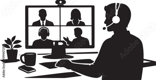 Online meeting silhouette, video conference scene, work from home vector silhouette vector