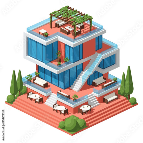 Isometric illustration of modern building with outdoor seating area and rooftop garden.