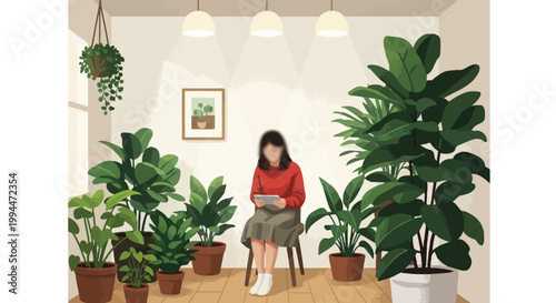 A brightly lit interior space features a person reading amidst lush greenery and modern decor