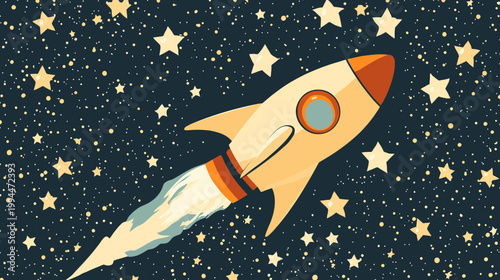A cartoon-style depiction of a rocket ship soaring through a star-filled, deep blue space