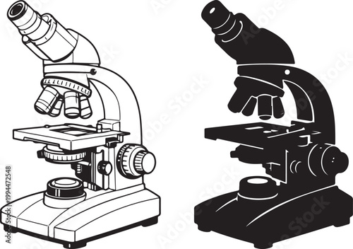 Two detailed line art renderings of a microscope one light and one dark showcase scientific instrumentation silhouette high quality