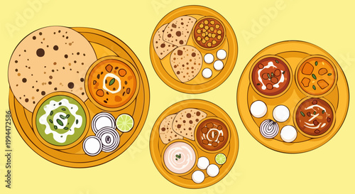 Traditional Indian thali vector illustration, assorted North Indian food platters with roti and curry, authentic meal set with dal and paneer