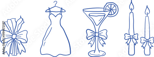 Hand drawn blue outline of a decorative ribbon bow, a sleeveless dress on a hanger, a cocktail glass with lemon, and two lit candles
