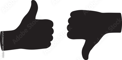 Two hands displaying opposing gestures a thumbs up and a thumbs down presented as a stark silhouette vector.