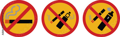 No smoking signs icon set and symbols including cigarettes, vape and prohibition icons in red , yellow and gray colors. Ideal for public safety, health awareness and warning signage design.