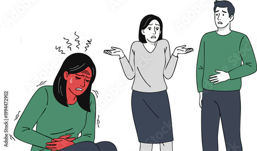 Sick woman with fever and stomach pain, worried people looking at ill patient with high temperature, medical emergency and healthcare vector illustration