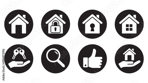 Black and white real estate icons, property management and acquisition symbols, house building rent sale mortgage location vector design