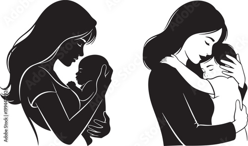 Mother holding newborn baby and older child in gentle loving embraces, symbolizing maternal care.