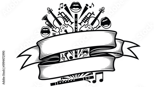 A black and white illustration featuring a variety of musical instruments and musical notes, with a banner for text.