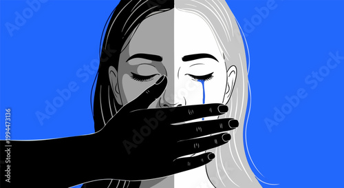 Domestic violence concept vector illustration, hand covering crying woman mouth, victim of abuse and silencing, mental health and trauma awareness