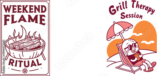 Vintage barbecue and grilling logo collection, featuring funny food mascots, fire flames, and BBQ badges for restaurant branding.