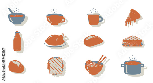 Assortment of food icons soup coffee pizza chicken bread and more
